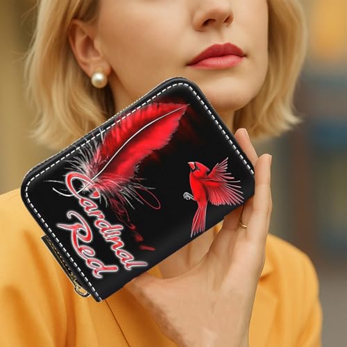 Mini Card Holder Wallet for Women, Small Zipper Credit Card Case with RFID Blocking, Compact PU Leather Accordion Card Organizer for Girls, Cute Pattern Women Wallet Purse, Red Feather Bird4