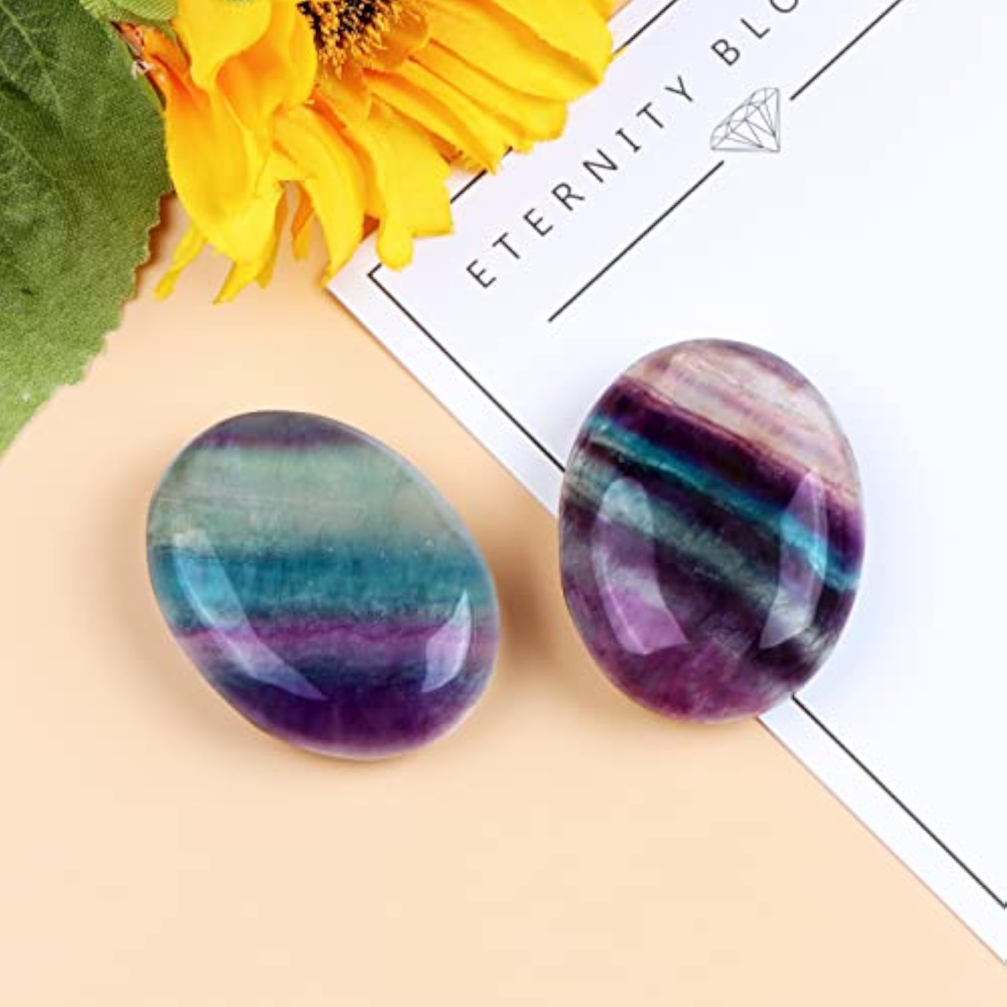 2PCS Thumb Worry Stones and Crystals Palm Stone Sets, Rainbow Fluorite