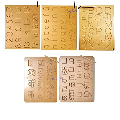 Image of JOYLAND Cursive Capital Small Numbers Tamil Vowel & Consonant Writing Practice Wooden Tracing Boards Educational Toys for Kids with Dummy Pencil Letter Educational Slate Baby- (Tami Set-5)