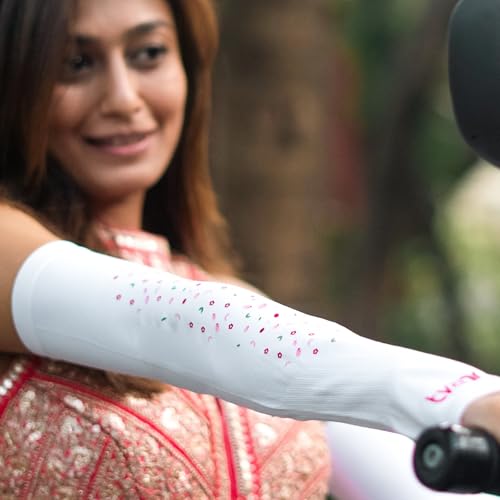 Image of TVARRA Anti-Tan Fingerless Arm Sleeves for Women|UV Protection Hand Cover Sleeves for Bike Riding, Running & Outdoor Use,Dust & Summer Protection Arm Sleeves for Girls (Petals Design)