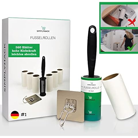 SIMPLYHACK - Fusselrolle - [1 Set] Abroller, Aufhängehaken und 6 Rollen - hohe Klebekraft - Fusselrolle Tierhaare - benutzte Blätter Lassen Sich leicht entfernen Cover