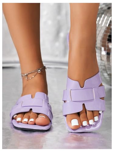 MakeMeChic Women's PU Leather Flat Sandals Square Open Toe Slip on Sandals Summer Shoes4
