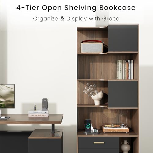 Image of ModernMate 74.4 inch Corner Bookshelf with 3 Drawers and Storage, Power Outlet