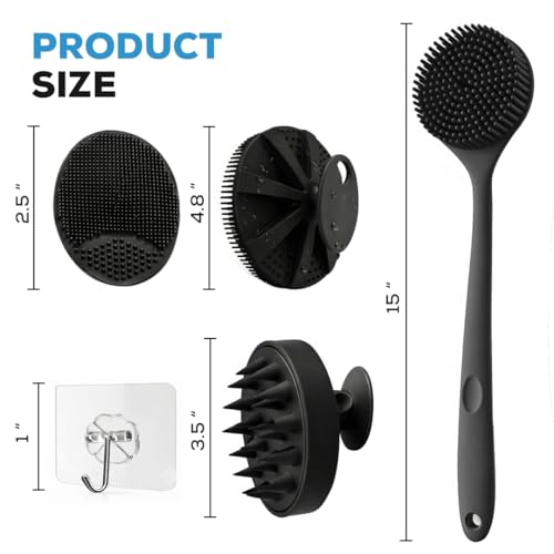Image of 5 PCS 4-in-1 Silicone Bath Brush Set, Long Handle Back Scrubber, Body & Face Exfoliating Brush, Scalp Massager, Soap Dispensing Shower Brush, Bath Essentials Set For Men & Women with 1 Hook