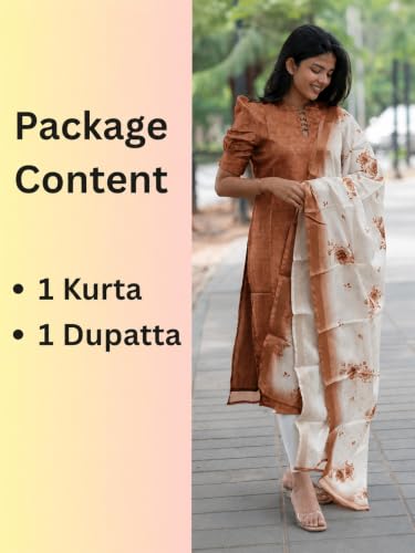 Image of Sun Fashion And Lifestyle Women's Chanderi Straight Stitched Printed Kurti With Printed Organza Dupatta For Women