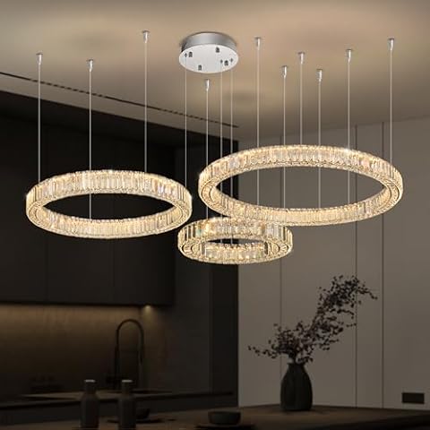 Flashing God Crystal Chandeliers Modern 3 Rings Pendant Light Adjustable High Ceiling Chandelier for Living Room Dining Room Foyer Entryway (D16+D24+D32) Cover