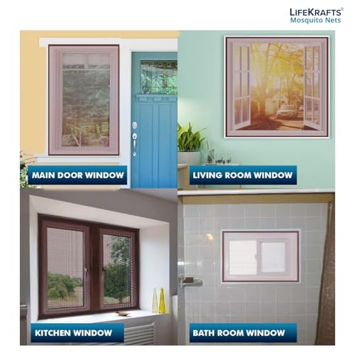 Image of Upgraded & Stitched - LifeKrafts Customized Window Mosquito Net (Size-120x190cms /47 * 75 Inches /3.94 * 6.23 Feet, Color-Brown) 120 GSM Fiberglass Insect Net Pre-Stitched to Net - Ready to use Net