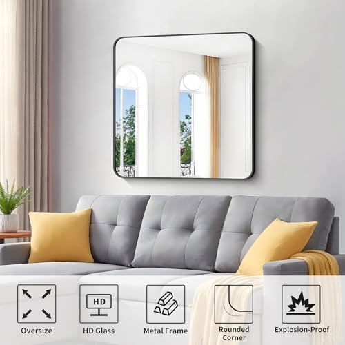 Image of Black Bathroom Mirrors for Wall, 30 inchx30 inch Square Mirror, Rounded Corner Metal Frame Wall Mirror, Bathroom Vanity Mirror for Bedroom Living Room Entryway Horizontal Or Vertical Mounting