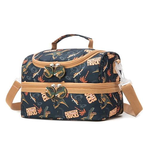 Image of Insulated Kids Dual Compartment Lunch Bags Tote Pack for Girls Boys Toddler Kindergarten School Picnic Cooler Thermal Lunch Boxes with Strap Truck Dinos