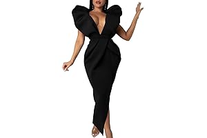 Women's Sexy Deep V Neck Puff Sleeve Side Split Ruched Backless Gown Dress