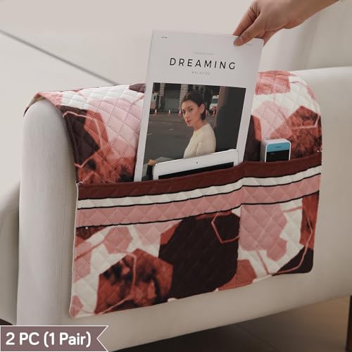 Image of HOKIPO 'LiefNest' Printed Holland Velvet Sofa Armrest Covers | 1 Pair | Geometric Hexagon Cider Red (IN-827-L-D1*2)
