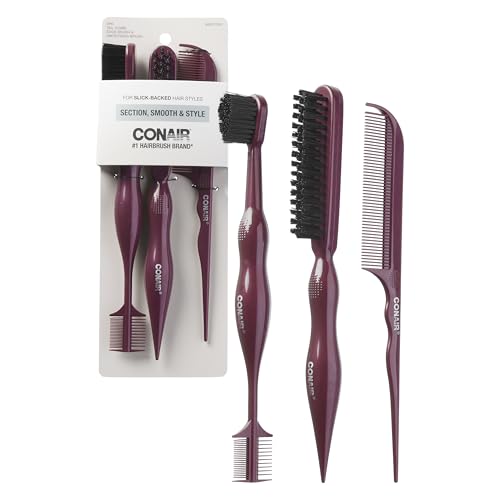 Conair Slick Back Tail Comb Set, 3-Pack with Fine Tooth Tail Comb, Edge Brush, and Smoothing Brush for Teasing, Parting, and Smoothing Sleek Hair Styles, Control Hair Flyaways