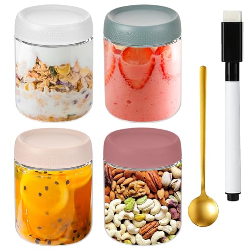 Occtingkind Overnight Oats - 4 tarros de 500 ml con tapa, bolígrafo y cucharas, para mermelada casera, comida para bebés, conservas, azúcar y sal