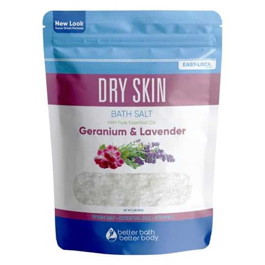 Dry Skin Bath Salt 32 Ounces (2 Lbs) Epsom Salt with Natural Geranium and Lavender Essential Oils Plus Vitamin C in BPA Free Pouch with Easy Press Lock Seal Made in USA