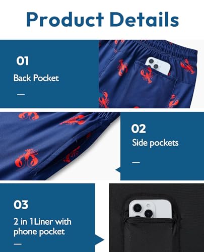 Image of Gleeease 7inch Mens Swim Trunks 2 in 1 with Compression Liner Pockets Drawstring Quick Dry Stretch Lined Funny Beach Pool