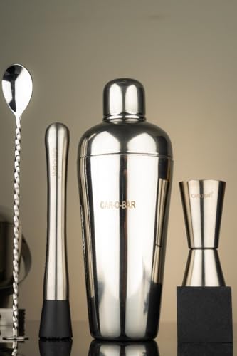 Image of Car-O-Bar Bar kit | Bar Set for Home - Bartender Kit :Cocktail Shaker, Bar Spoon, Jigger, Muddler, Strainer, Wine & Beer Bottle Opener, 2 Pour Spouts, Tong (with Ice Bucket)