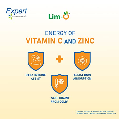 Image of Lim-O Vitamin C(500mg) & Zinc, Chewable Tablets for Immunity Skin - Vegan Formula For Men Women, Orange Flavour (60 Tablets)