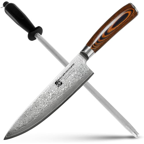 Damascus Chef Knife Professional 8'' 67-Layer VG10 Steel Core with Pakka Wood Handle with Professional Carbon Steel Black Knife Sharpening Steel 12 inch