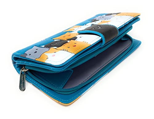 Shag Wear Kitty Cat Crowd Large Animal Wallet for Women and Teen Girls Vegan Faux Leather Teal 7"3