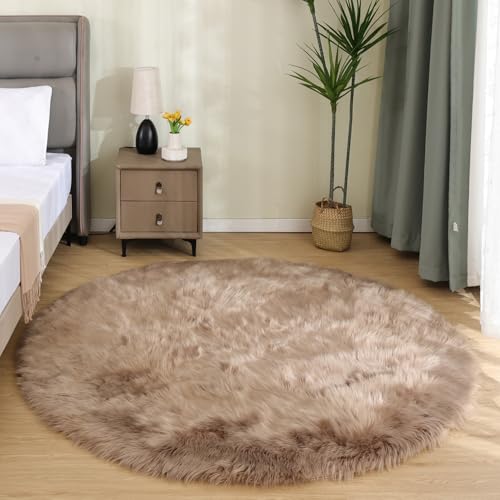 Latepis Large Round Rugs 6ft Light Brown Beige Circle Faux Sheepskin Rug Fluffy Fur Plush Shag Rug for Living Room Bedroom Carpet Plush Rugs Home Decor