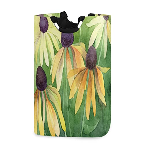 SJOAOAA Yellow Daisy Flower Vintage Laundry Hamper with Handles Waterproof Collapsible Storage Basket Large Dirty Clothes Bin for Laundry Room, 22.7 Inches