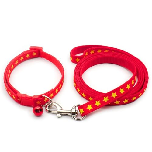 Small Dog Puppy Pet Collar and Lead Set Star Design Nylon Adjustable Size 19-32cm Collar with Bell and 120cm Leash Red - Image 2