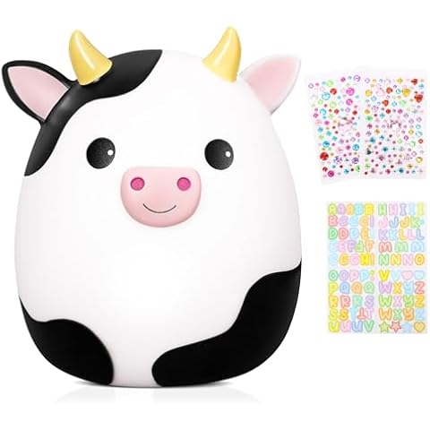 Cow Piggy Bank for Kids, Cute Kids Piggy Banks, Unbreakable Plastic Coin Bank Kids Safe Money Bank with DIY Stickers for Boys Girls Gift (Black) Cover