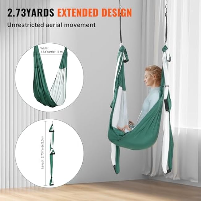 VEVOR Aerial Yoga Swing Set, 2.7 Yards Yoga Hammock Hanging Swing Aerial Sling Inversion Fly Kit Trapeze Inversion Equipment with Ceiling Mount Accessories, Max 661.38 lbs Load Capacity, Green/White