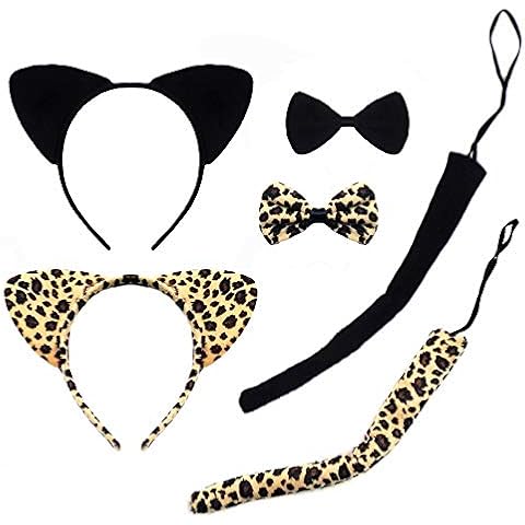 CBLUO Halloween Cat Ears Headband Kitty Bow Tie Tail Women Cat Hair Hoops Kitten Headpiece Hairband Christmas Birthday Party Decoration Cosplay Costume Hair Accessories 2 Pack Black + Leopard Print Cover
