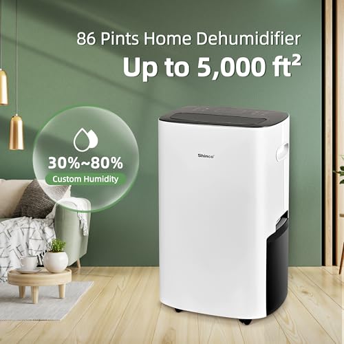 Image of Shinco 86 Pints Dehumidifier for Home and Basements, 5000 Sq.Ft Dehumidifiers with Drain Hose, Auto or Manual Drainage, Auto Defrost, Quietly Remove Moisture, Intelligent Humidity Control, 24HR Timer