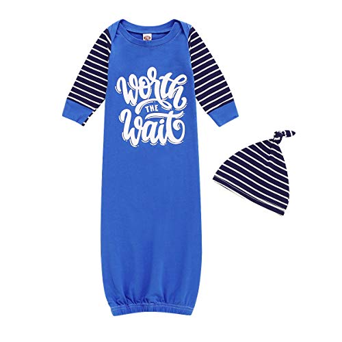 Newborn Cotton Sleeper Gowns Baby Girl Taking Home Outfit Gown and Headband Set (Blue Cotton Gown #1, 0-3 Months)