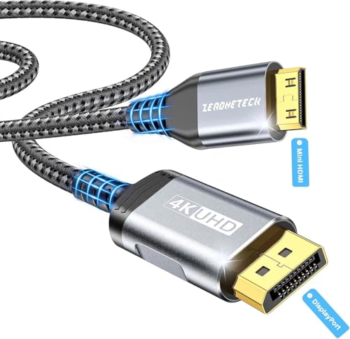 ZeroneTeck Câble DisplayPort vers Mini HDMI unidirectionnel 1M, 4K@60Hz UHD, compatible avec ordinateurs, moniteurs, Ecran Portable, AMD, NVIDIA, ARZOPA, projecteurs,...