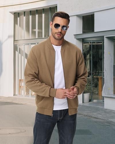 Image of YuKaiChen Mens Lightweight Bomber Jacket Casual Plaid Jacquard Varsity Jacket Coat with Zipper Pockets