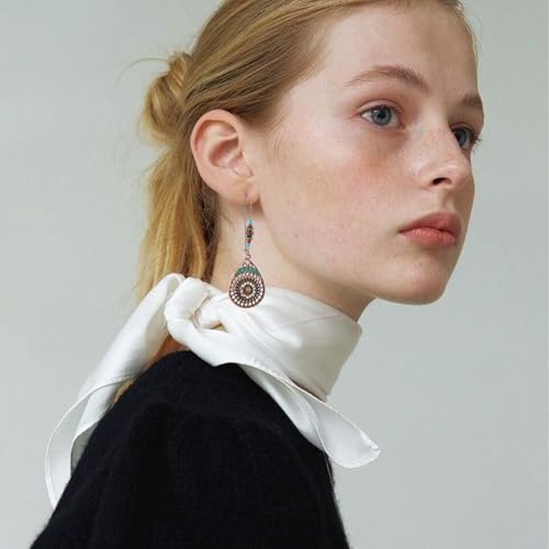 Bohemian Turquoise Earrings Ethnic Tibetan Engraved Flower Pattern Round Geometric Dangle Drop Statement Earrings for Women Handmade Trendy Boho Vintage Jewelry (Teardrop Turquoise)2