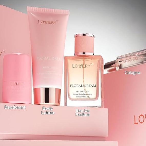 Gift for Women, Floral Dream 4 in 1 Womens Perfume & Deodorant Set - 4pc Pink Eau de Parfum Fragrance Sets - Perfumes for Women Gift Set with Non Toxic Antiperspirant Stick, Body Lotion & Mini Perfume