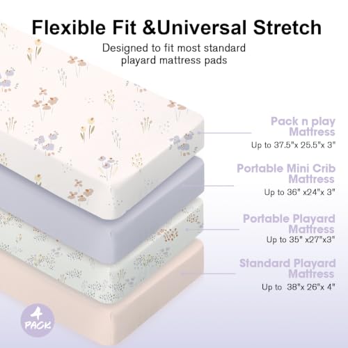 Image of Plushii 4PK Mini Crib Sheets,Fitted for Pack and Play Mattress, 38 inchx 26 inch