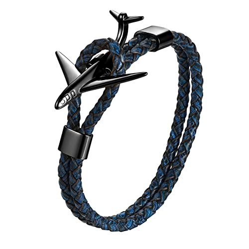 JewelryWe Pulsera de hombre avión de piel, regalo piloto aviación, viaje al mundo, pulsera para hombre y mujer, Acero inoxidable
