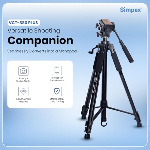 Image of Simpex 880 Plus (165 cm) Platinum Aluminum Light Weight Tripod, with Fluid Video Head, for DSLR & Video Cameras, Maximum Operating Height: 5.90 Feet, Maximum Load : 6 kgs (Black)