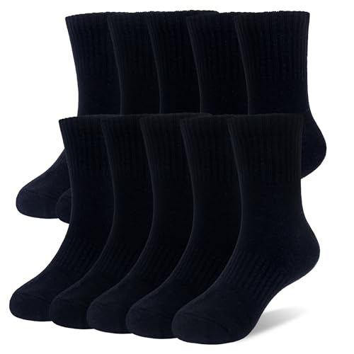 SEEYAN Kids Socks Boys Girls Crew Socks Classic Black White Grey School Sports Casual Mid-calf Cotton Socks (10 Pairs Black 9-12 Years)
