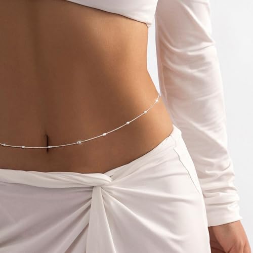 2PCS Gold Silver Waist Chain Adjustable Layered Belly Chain Body Chain Jewelry for Women Sexy Bikini Beach Boho Pearl Beaded Cuban Satellite Waist Chains3