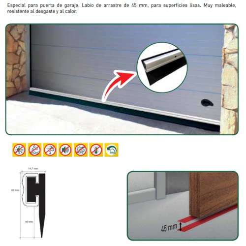 Burlete para Puerta de Garaje 305cm. Perfil de Aluminio Color Plata. Labio de Arrastre de 45mm de Caucho para Superficies Lisas. Muy Maleable. Resistente al Desgaste. Fijación Mediante Tornillos.