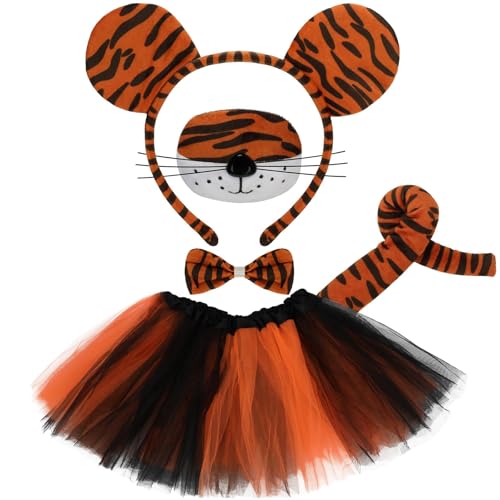 Mototo 5 PCS Tiger Costume Accessories Set Tiger Ears Headband for Kids with Tail Bow Tie Animal Ears Headband with Tutu Skirt Animal Fancy Costumes for Kids Halloween Cosplay Dress Up Birthday Party