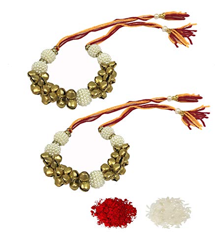 Evisha Women's Bells and Pearl Traditional Lumba Chuda Hanging Rakhi for Bhabhi (Golden)