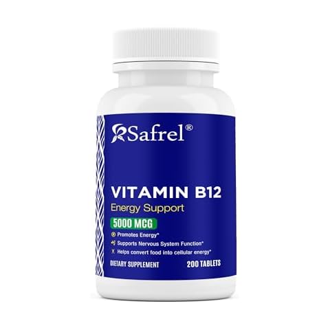 Safrel Vitamin B12 5000 mcg per Tablet, 200 Days Supply, Supplement for Energy, Metabolism and Nervous System Health Support, Vegan, Gluten Free and Dye Free | Made in USA Cover