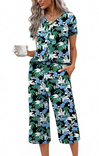 Image of Ekouaer Women's Pajama Sets Short Sleeve Sleepwear Button Up Pj Loungewear Top and Capri Pants with Pockets