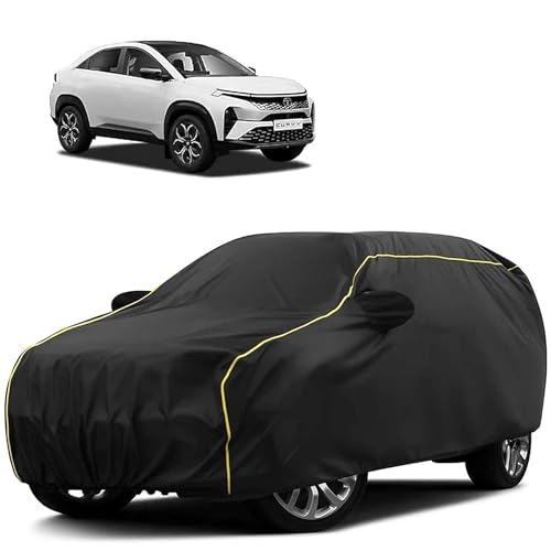 Image of Sulfar 100% Water Resistant Car Body Cover Compatible with Mirror for Tata Curvv (Triple Stitched, Full Bottom Elastic, Black Tafetta with Yellow Piping)