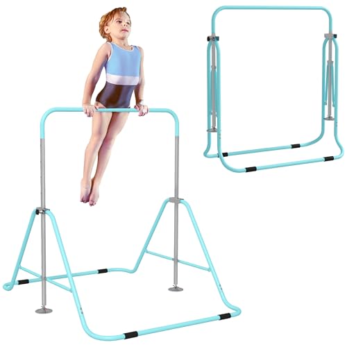 HOMCOM Barra de Gimnasia Artística, Barra Horizontal Plegable, Altura Ajustable, Equipo de Gimnasia para Entrenamiento en Casa, para Niños y Niñas, Azul Celeste