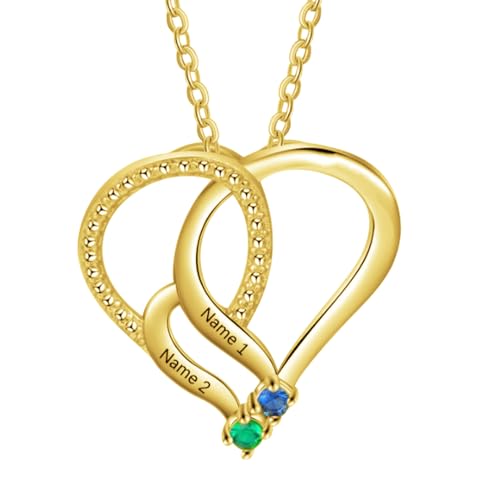 10K 14K 18K Real Gold Personalized Family Name Necklace with 2-6 Birthstones,Customized Names Heart Pendant Necklaces Free Engraved Birthday Jewelry Gifts for Women Girls Mother Wife