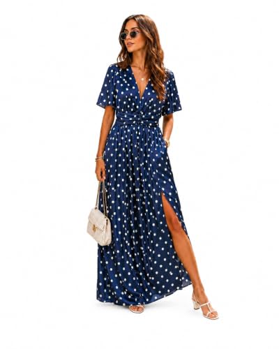 Robe longue satinée marine à pois pour vos soirées d'été élégantes