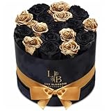 LUX BLOSSOM BOUTIQUE 17 Black & Gold Real Forever Roses, Velvet Box - Luxury Preserved Flowers, Black Roses, Sparkling Bouquet, Eternal Rose Gifts for Girlfriend, Black Flowers for Delivery Prime